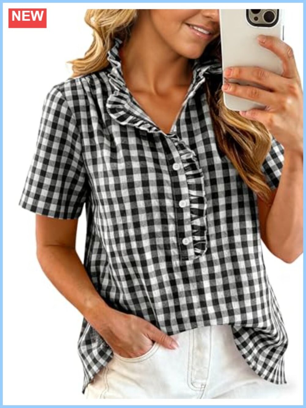 Womens Gingham V Neck Ruffle Short Sleeve Button Down Blouse